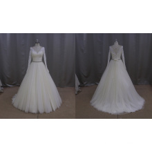 Long Lace Sleeve Beaded Sash Chiffon Princess Wedding Dress 2016